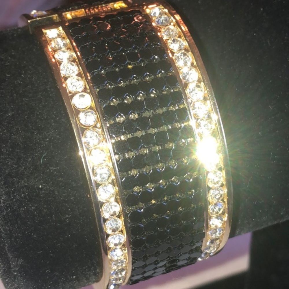 Black and Gold Tone Boho Cuff Bangle Bracelet with Rhinestones